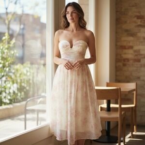 Mable Womens Dress‎ M Pink Floral Chiffon Strapless Sweetheart Fairy Etheral NWT